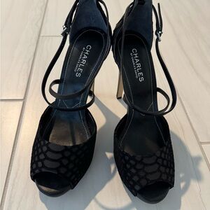 Charles by Charles David Black Suede Peep-Toe Ankle Strap Heels